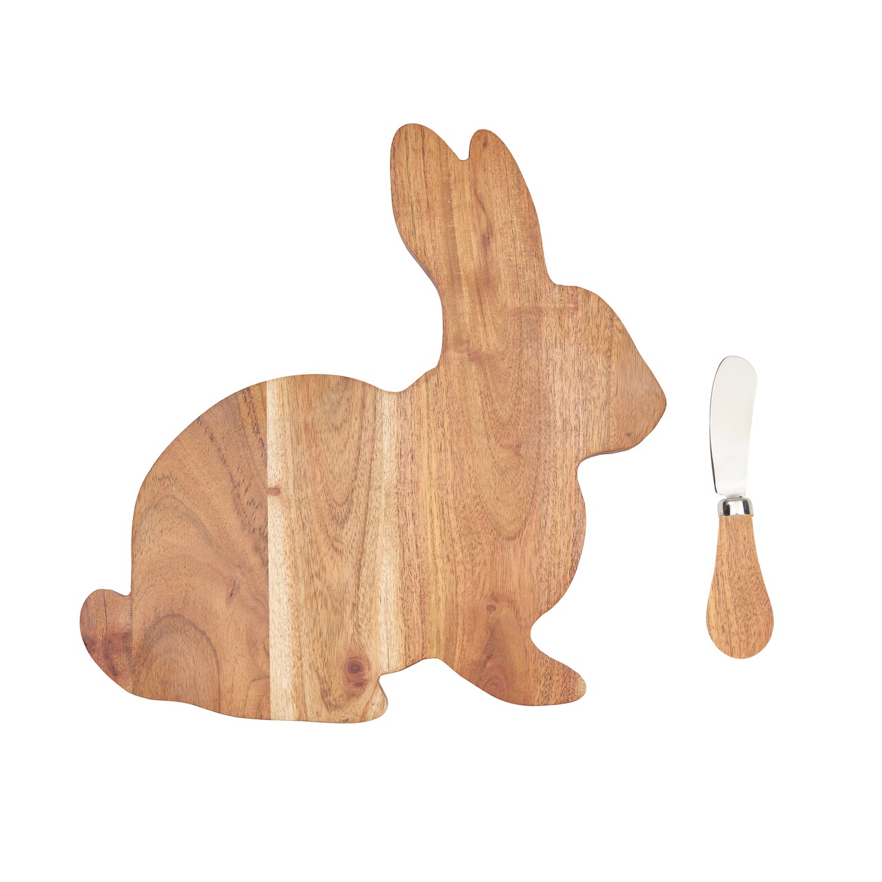 10" Spring Easter Bunny Rabbit Shape Smooth Acacia Wood 2-Piece Serving Charcuterie Platter Tray w/ Cheese Spreader Knife